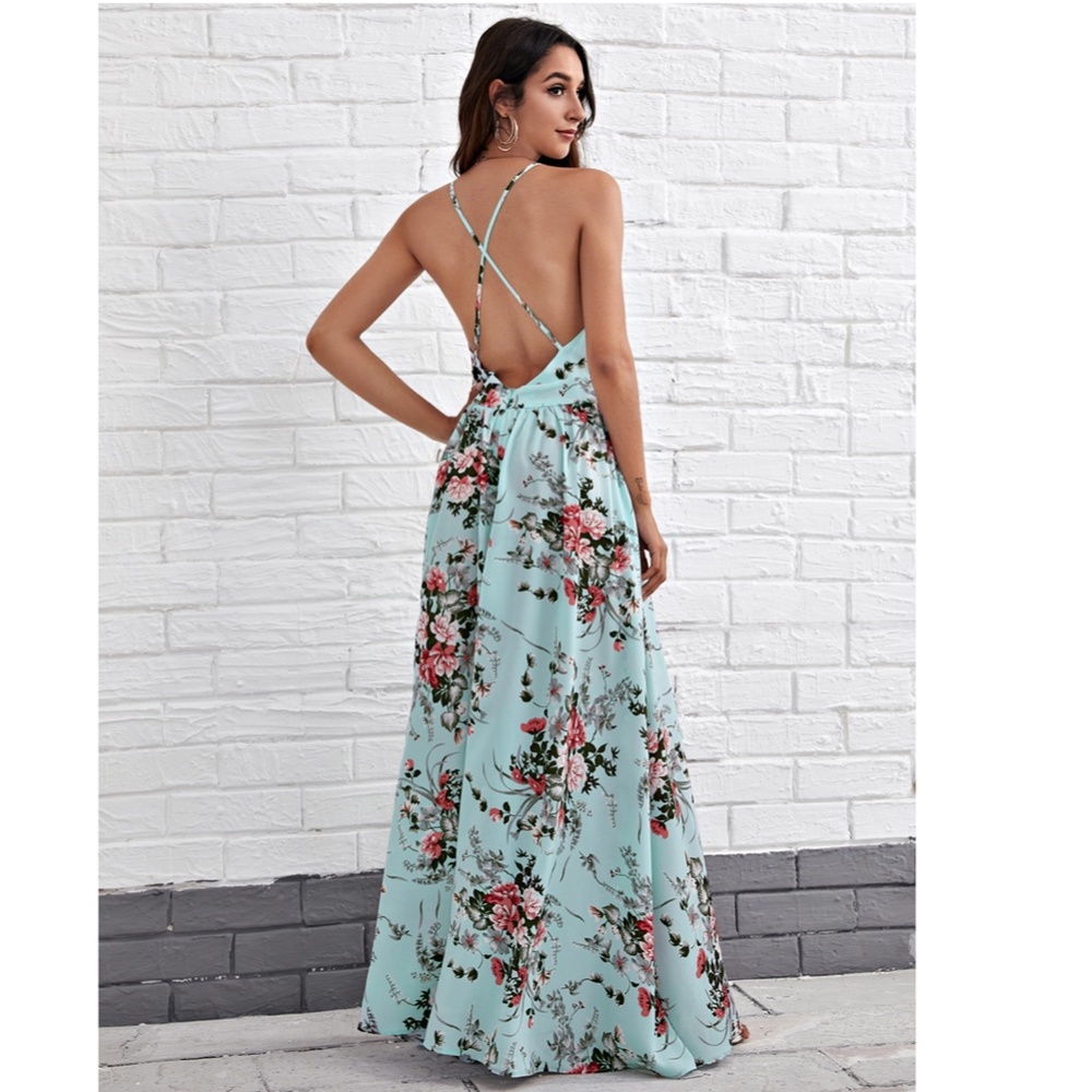 Backless Floral Print Maxi Dress Criss Cross - Picture 9 of 14